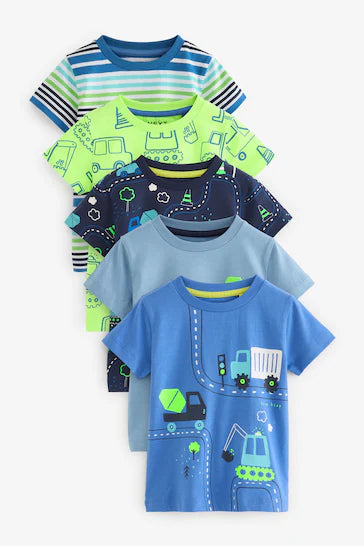 |Boy| Pacote De 5 Camisetas De Manga Curta Transport - Azul/Verde (3 Meses - 7 Anos)