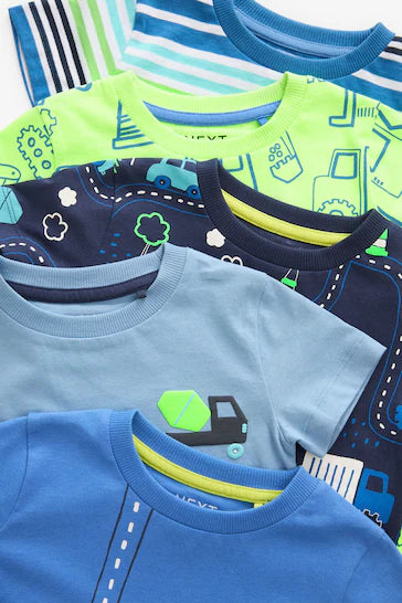 |Boy| Pacote De 5 Camisetas De Manga Curta Transport - Azul/Verde (3 Meses - 7 Anos)