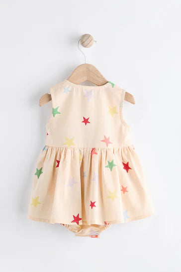 |BabyGirl| Vestido De Calcinha Integral Para Bebê – Estampa Creme/Multi Estrelas (0 meses a 2 anos)