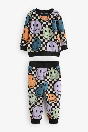 |Boy| Pijama De Lã De Toque Macio Unico Com Elastano – Neutro/Preto Checkerboard Smile Face (9 meses a 12 anos)