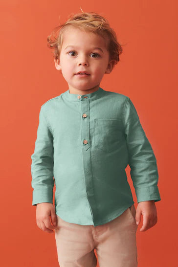 |Boy| Camisa Mistura De Linho Com Gola Vovô (3 meses a 7 anos)