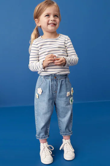 |Girl| Jeans Despojados Com Flores 3D Azul Médio (3 meses a 7 anos)