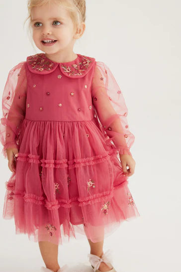 |Girl| Vestido De Manga Comprida Em Camadas De Malha Bordada Rosa (3 meses a 8 anos)