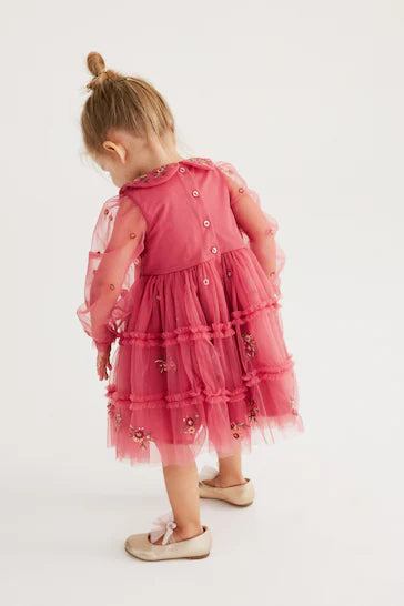 |Girl| Vestido De Manga Comprida Em Camadas De Malha Bordada Rosa (3 meses a 8 anos)