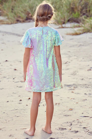 |Niña| Vestido de fiesta con lentejuelas y purpurina - Arcoíris rosa/azul/verde (3 a 16 años)