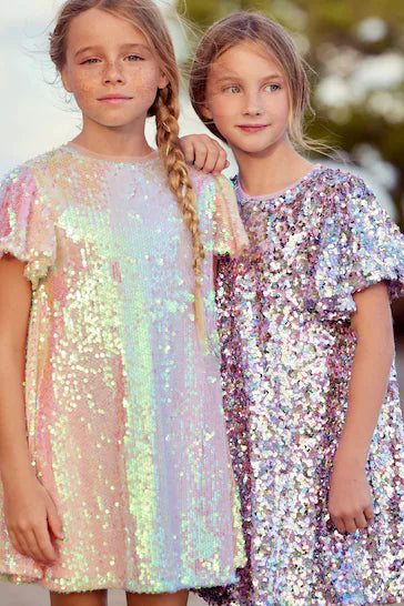 |Girl| Vestido De Festa Com Lantejoulas e Brilho - Pink/Blue/Green Rainbow (3 a 16 anos)
