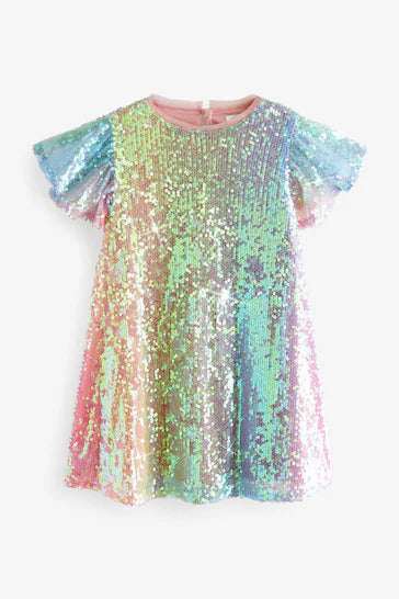 |Girl| Vestido De Festa Com Lantejoulas e Brilho - Pink/Blue/Green Rainbow (3 a 16 anos)