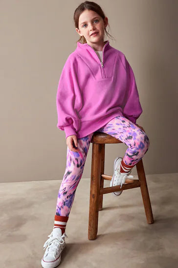 |Girl| Conjunto De Moletom e Leggings Rosa Brilhante Com Meio Zíper - Bright Pink (3 a 16 anos)