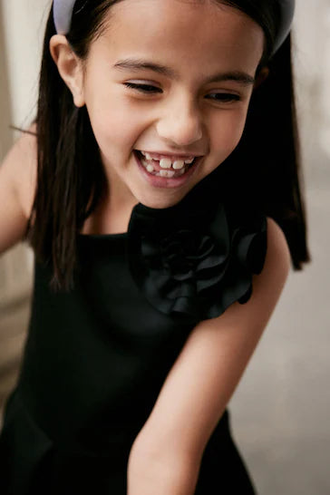 |Girl| Vestido Assimétrico Para Ocasiões De Mergulho - Black 3D Flower Corsage (1,5 a 16 anos)