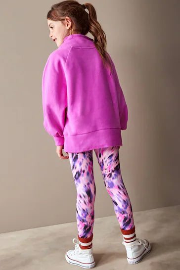 |Girl| Conjunto De Moletom e Leggings Rosa Brilhante Com Meio Zíper - Bright Pink (3 a 16 anos)