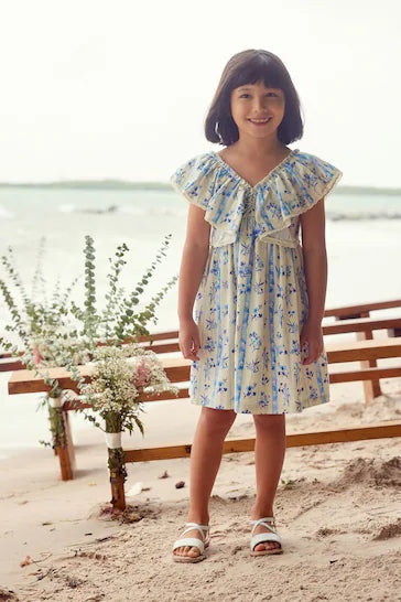 |Girl| Vestido Com Babados Estampado - Blue Floral (3-16 anos)