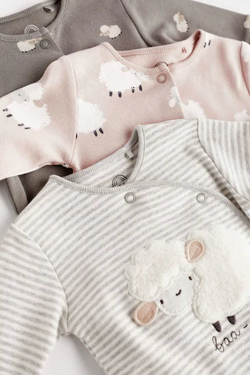 |BabyGirl| Pacote De 3 Macacões Para Bebê Com Apliques Delicados - Grey Sheep (0-12 meses)