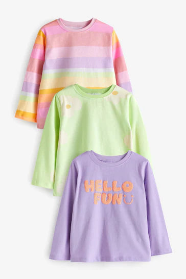 |Girl| Camisetas de algodão de manga comprida com personagens, pacote com 3 – Arco-íris (3 meses a 7 anos)