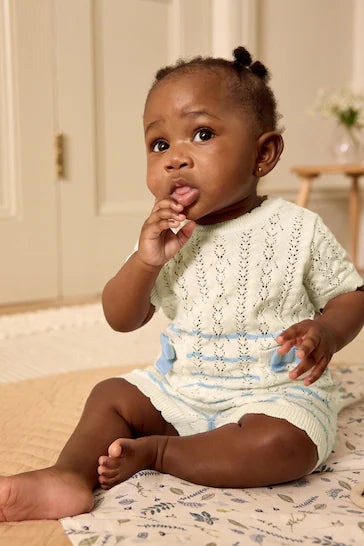 |BabyGirl| Conjunto De Top e Shorts De Malha Para Bebê Com Listras Brancas/Azuis (0 meses a 2 anos)