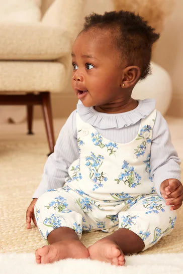 |BabyGirl| Conjunto De Macacão e Body Para Bebê Jersey - Floral Azul (0 meses a 3 anos)