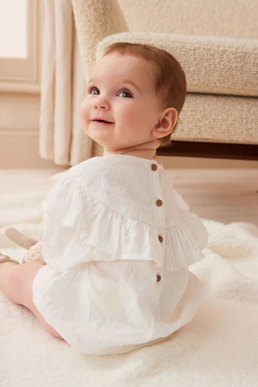 |BabyGirl| Macaquinho Bloomer para bebê - Ecru/White Broderie (0 meses a 3 anos)
