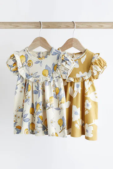 |BabyGirl| Conjunto De 2 Vestidos De Jersey Para Bebê - estampa Azul/Amarelo (0 meses a 3 anos)