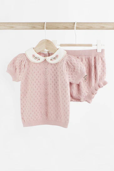 |BabyGirl| Conjunto De 2 Peças De Malha Bordada Rosa Para Bebê - Pink Embroidered (0 meses a 2 anos)