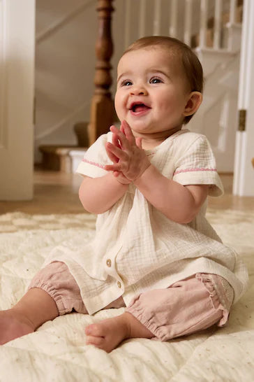 |BabyGirl| Conjunto De Blusa E Calças Rosa/Branco Para Bebê (0 Meses - 2 Anos)