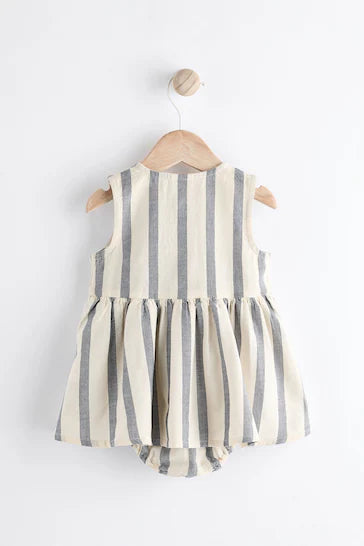 |BabyGirl| Vestido De Calcinha Integral Para Bebê - Listra Cinza/Branca (0 meses a 2 anos)