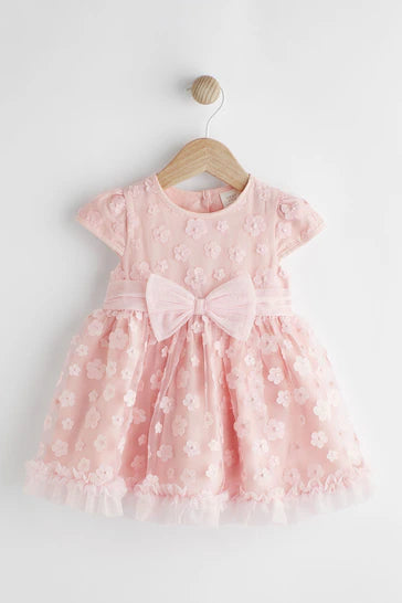 |BabyGirl| Vestido de ocasião para bebê com flores 3D rosa (0 meses a 2 anos)