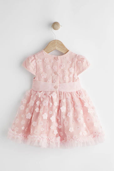 |BabyGirl| Vestido de ocasião para bebê com flores 3D rosa (0 meses a 2 anos)