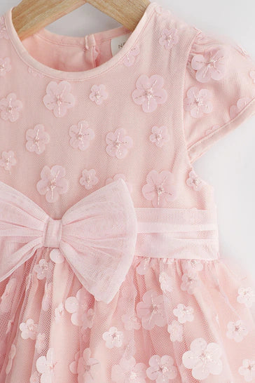 |BabyGirl| Vestido de ocasião para bebê com flores 3D rosa (0 meses a 2 anos)