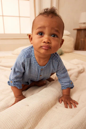 |Bebé| Mono bombacho de tela azul de manga larga (0 meses a 2 años)