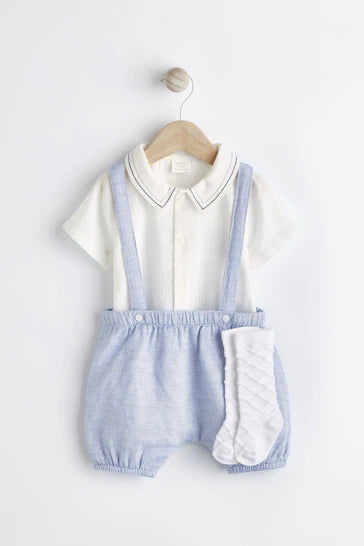 |BabyBoy| Conjunto De 3 Peças De Camisa Inteligente, Shorts e Meias - Pale Blue (0 meses a 2 anos)