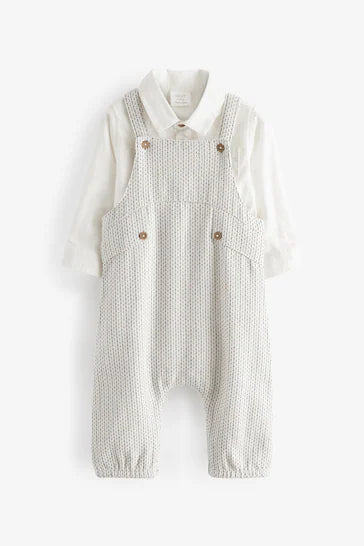 |BabyBoy| Conjunto De Macacão e Camisa Tecido Para Bebê Cinza/Branco (0 meses a 3 anos)