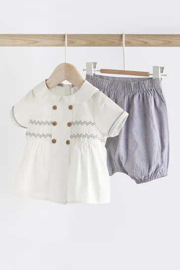 |BabyBoy| Conjunto De Shorts E Blusa Inteligente Cinza/Branco Para Bebê (0 meses a 2 anos)
