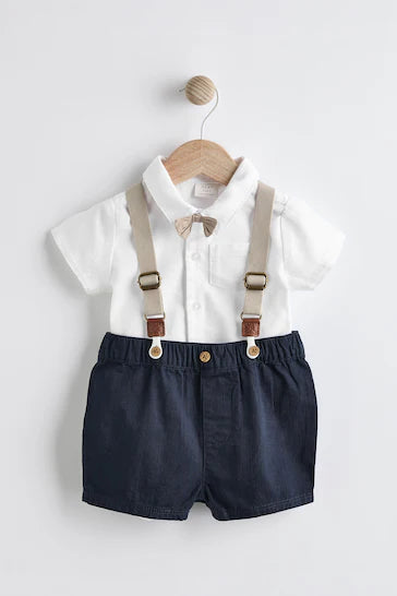 .DRAFT |BabyBoy| Conjunto de 4 peças de corpo de camisa, shorts e suspensórios para bebê - azul marinho (0 meses a 2 anos)