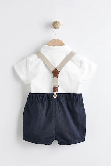 |BabyBoy| Conjunto de 4 peças de corpo de camisa, shorts e suspensórios para bebê - azul marinho (0 meses a 2 anos)