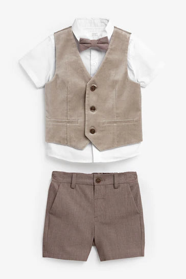 |Boy| Colete De Veludo Neutro, Camisa, Shorts e Gravata Borboleta Conjunto De 4 eças (3 meses a 9 anos)