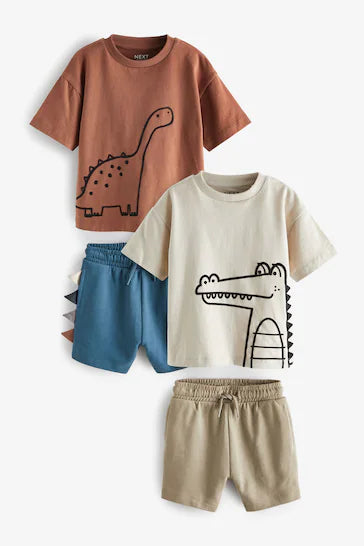 |Boy| Conjunto De Camisetas e Shorts Marrom Ferrugem/Creme Cru, Pacote Com 4 - Rust Brown/Ecru Cream (3 meses a 7 anos)