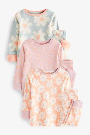 |Girl| Pacote De 3 Pijamas De Manga Comprida Estampados - Neon Orange/Blue Floral (9 meses a 10 anos)