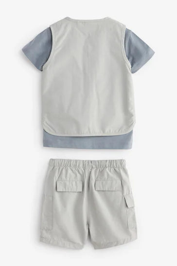 |Boy| Conjunto De Colete, Camiseta E Shorts Cinza (3 meses - 7 anos)
