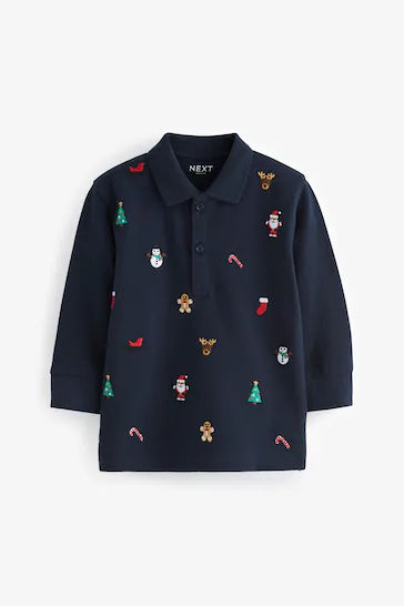 |Niño| Polo Manga Larga Bordado 100% Algodón - Azul Marino Navidad (3 meses a 7 años)
