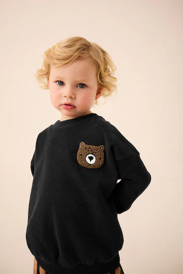 |Niño| Sudadera Cuello Redondo Oso Negro (3 meses a 7 años)