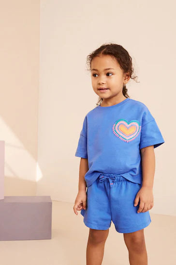 |Girl| Conjunto de camiseta e shorts de manga curta Blue Heart (3 meses - 7 anos)