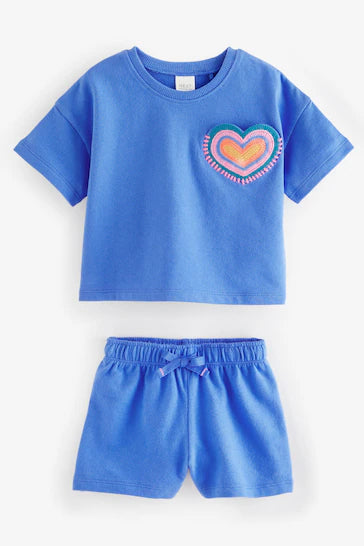 |Girl| Conjunto de camiseta e shorts de manga curta Blue Heart (3 meses - 7 anos)