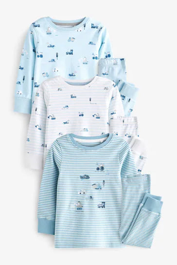 |BigBoy| Pacote De 3 Pijamas Snuggle - Transporte Azul (9 meses - 10 anos)