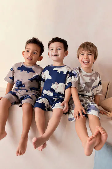|BigBoy| Pijama Curto Dinossauros Azul Marinho/Cinza Cimento, Pacote Com 3 (9 meses a 8 anos)