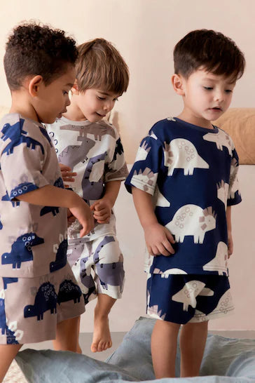 |BigBoy| Pijama Curto Dinossauros Azul Marinho/Cinza Cimento, Pacote Com 3 (9 meses a 8 anos)