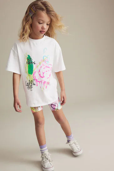 |BigGirl| Conjunto De Camiseta Oversized e shorts De Ciclismo - Graffiti Branco (3-16 anos)