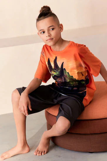 |BigBoy| Pijama Curto Unico Dinossauro laranja (3 a 16 anos)