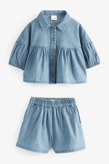 |BigGirl| Conjunto coordenado de blusa e shorts jeans azul (3 meses - 8 anos)