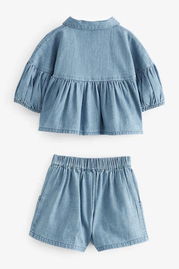 |BigGirl| Conjunto coordenado de blusa e shorts jeans azul (3 meses - 8 anos)