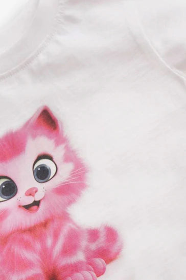 |Girl| Camiseta de manga curta - Gato rosa branco (3 meses a 7 anos)