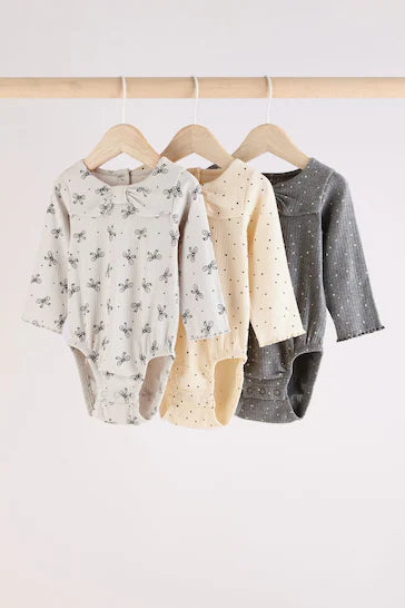 |BabyGirl| Body Manga Longa Para Bebê Pacote Com 3 - Decote Laço Cinza